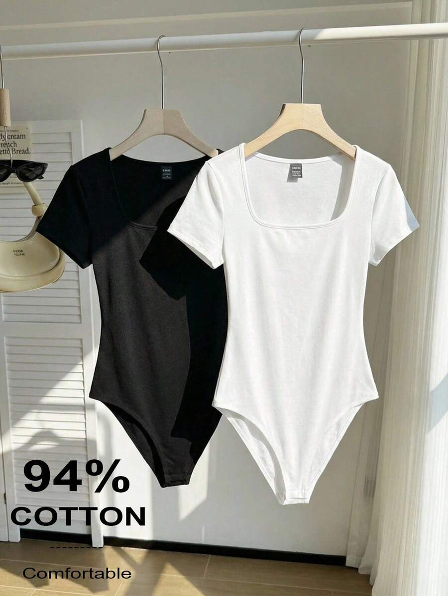 SHEIN EZwear 大码女式纯色方领弹力短袖连体衣，简约百搭，春夏款 - 黑與白 - 查看 1