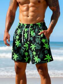 Manfinity Swimmode Men's Palm Tree Print Drawstring Waist Pocket Beach Shorts - Black - View 5