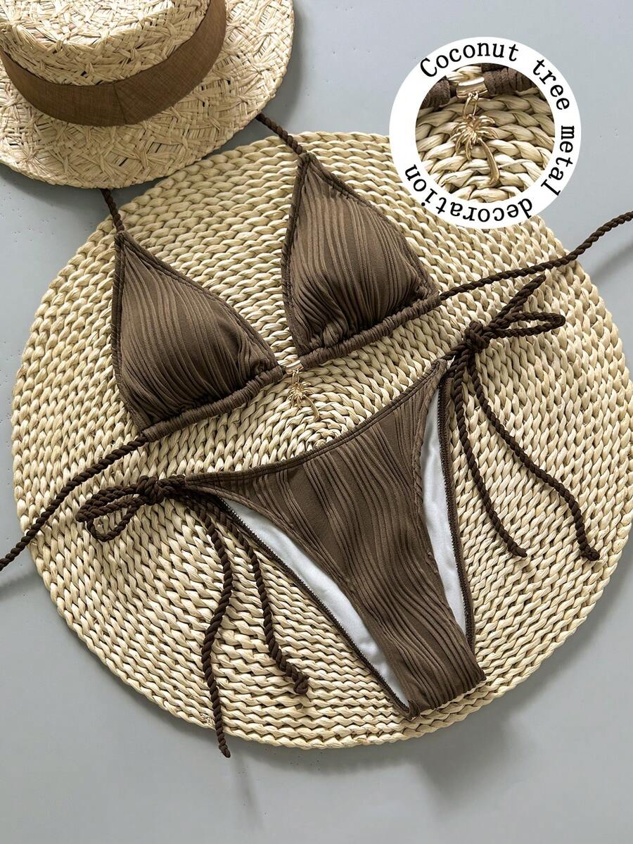 Swim Vcay Women's Swimwear Set, Wave Print Halter Neck Tie-Up Rope, Summer Holiday Beach 2 Pieces - Brown - View 1