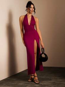 Glamine 酒红色露背吊带性感V领高开衩修身无袖不对称长裙，尽显优雅气质，适合舞会、锐舞派对、街头风、演唱会、夜店、约会、生日派对、婚礼等各种场合。 - 酒紅色 - 查看 3