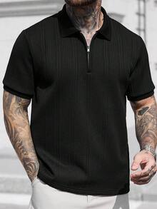 Manfinity CasualCool 男士短袖纹理面料 Polo 衫，适合外出、聚会和办公穿着 - 黑色 - 查看 3