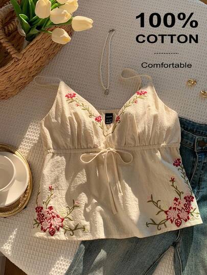 Solflare Blusa de tirantes con cintura anudada y bordado floral para mujer talla grande, ideal para primavera/verano, carnaval, salidas, playa, vacaciones, uso casual