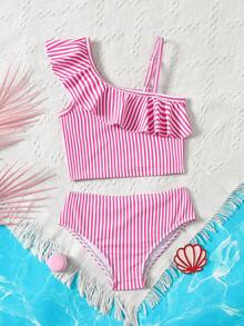 SHEIN 女童条纹可爱不对称荷叶边吊带泳衣套装，粉白条纹，荷叶边可调节肩带两件式泳衣，适合夏季度假、海滩、游泳池、夏季派对、休闲玩耍 - 淺粉色 - 查看 5