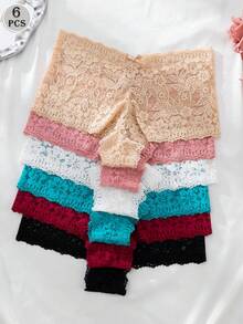 6条/套 女士柔软蕾丝内裤，蝴蝶结和花朵图案，无痕设计 - 彩色 - 查看 3