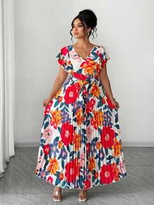 SHEIN Elenzya 大码优雅印花褶皱连衣裙，夏季 - 粉色 - 查看 5