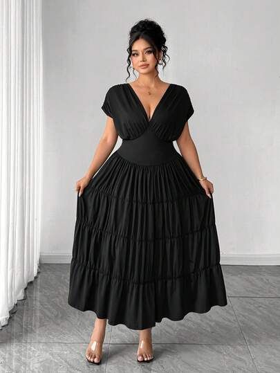 Elenzga Đầm dự tiệc cỡ lớn dành cho nữ, kiểu dáng thanh lịch, màu trơn, tay cánh dơi, eo thắt.