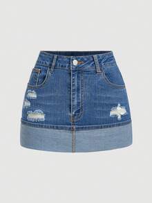 SHEIN MOD 女士休闲水洗做旧牛仔迷你裙，夏季 - 藍色 - 查看 1