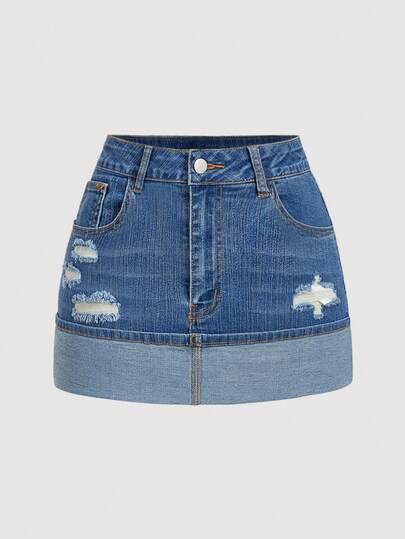 SHEIN MOD Women's Casual Washed Distressed Denim Mini Skirt, Summer