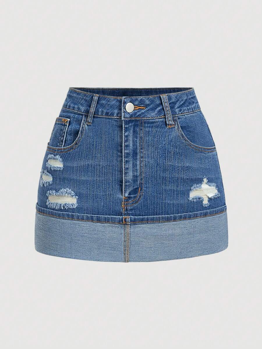 SHEIN MOD 女士休闲水洗做旧牛仔迷你裙，夏季 - 藍色 - 查看 1