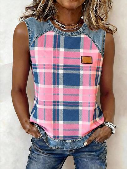 EMERY ROSE Women's Summer Plaid Patchwork Embellished Round Neck Camisole