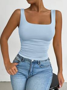 SHEIN PETITE 蓝色方领无袖背心，适合演唱会、夜店、约会、舞会、锐舞派对、生日派对、派对必备、基础款、外出、休闲针织等场合。 - 藍色 - 查看 3