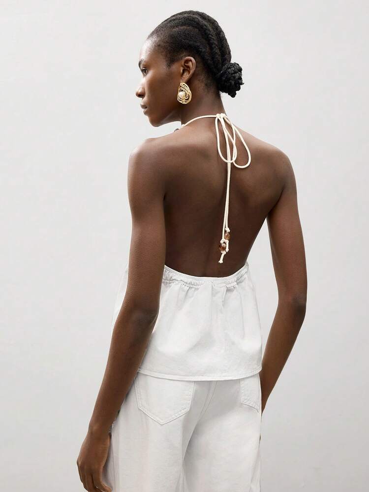 SHEIN Maija Women's Casual Backless Halter Neck Denim Blouse