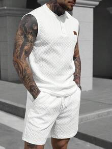 Manfinity CasualCool 男士夏季休闲纹理背心和短裤套装 - 白色 - 查看 6