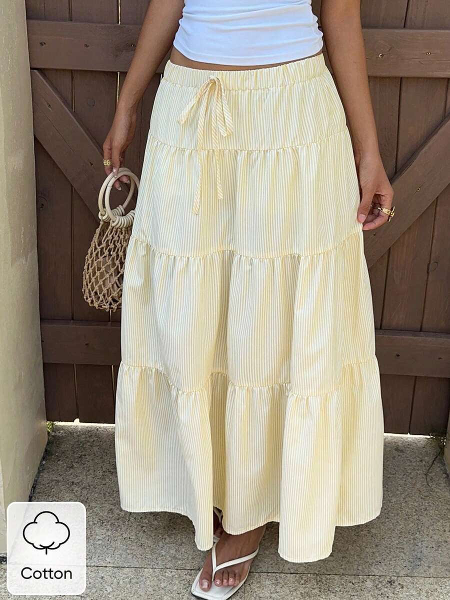 SHEIN EZwear 大码女装春夏休闲条纹荷叶边A字裙 - 彩色 - 查看 1