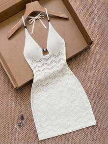 Franclia New Summer Beach Vacation Chic Sexy Lady Design Hollow Spaghetti Strap Beaded Dress, Deep V-Neck, Party Style, Elegant Bohemian Minimalist High-End Elegant Sexy Slim Fit Women Knit Dress - White - View 12