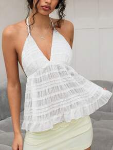 Sweetina Vacation Style Textured Fabric Backless Halter Neck Tank Top For Women - White - View 3