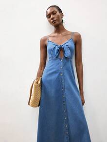 Maija Women's Summer Casual Lace-Up Hollow Out Strap Denim Dress - Light Wash - View 8