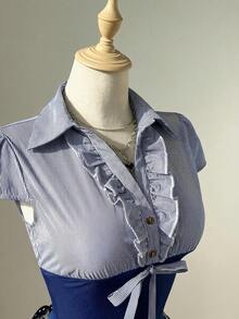 Elamini 女士黑白条纹拼接下摆纽扣荷叶领短袖修身衬衫，性感复古欧美风 - 彩色 - 查看 6