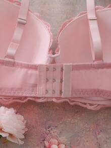 FloralLove Pink Floral Embroidery 3/4 Cup Padded Push Up Romantic Comfortable Daily Plus Size Bra & Wireless Bra - Pink - View 5