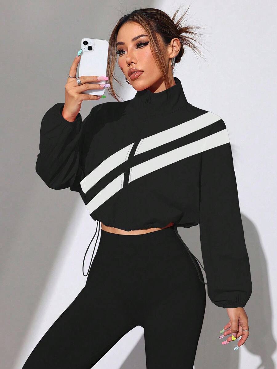 SHEIN Dewbera Colorblock Zip-Up Sports Jacket With Drawstring Hem, Spring/Autumn - Multicolor - View 1