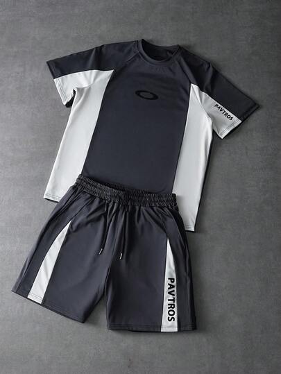 PAVTROS Men's Casual Contrast Color T-Shirt And Shorts Set, Summer,Y2k,Festival,Vintage,Boys Streetwearnew Year,Black And White Reflective Stripe Color-Blocked Crew Neck T-Shirt Suit For Men,Spring To Summer,Summer,Vacation,Vintage,Going Out,Party,Festival,Gift For My Boyfriend,Streetwear,Workout