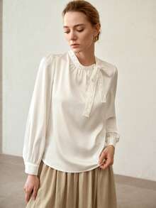 MOTF TIE NECK BUTTON DETAIL BLOUSE - Apricot - View 4