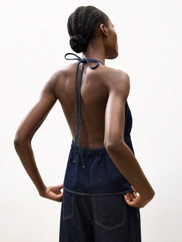 SHEIN Maija Women's Sexy Backless Halter Neck Denim Blouse For Summer