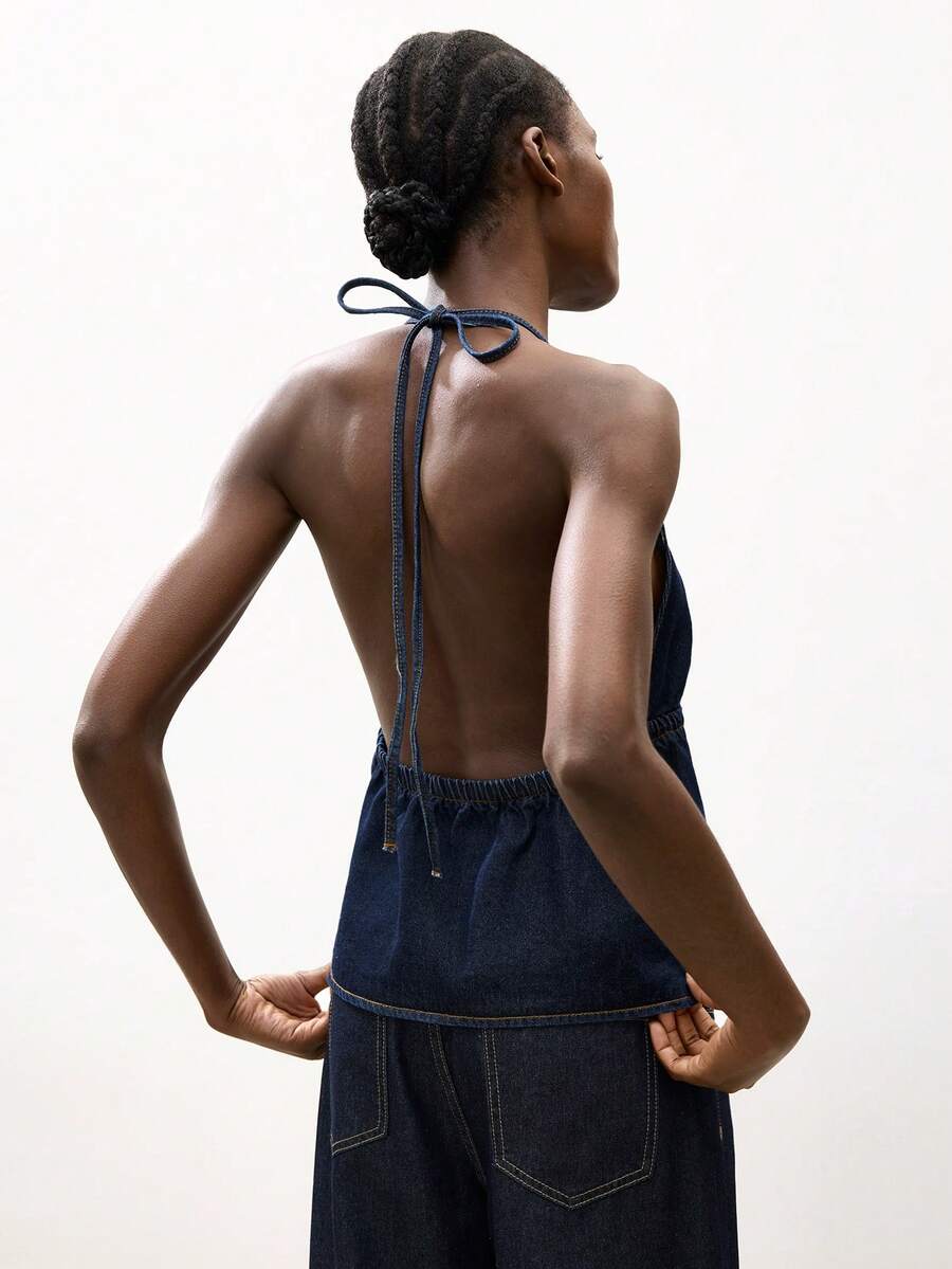 Maija Áo kiểu denim hở lưng cổ yếm gợi cảm dành cho nữ mùa hè - Rửa tối - Xem 1