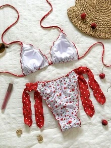 Swim Mod Women's Floral Polka Dot Bow Tie Swimwear Set, 2-Piece Summer Holiday Beach Outfit - Multicolor - View 2