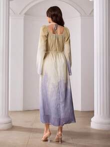 Modelyn 女士优雅浪漫长款雪纺连衣裙，带领，串珠抽绳腰带，春夏款 - 彩色 - 查看 2