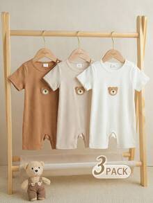 Souflis Souflis 3pcs/Set Toddler Boys' Cute Print + Stripe + Solid Soft & Comfortable Rompers, Suitable For Home, Outdoor Activities, Parties - Multicolor - View 2