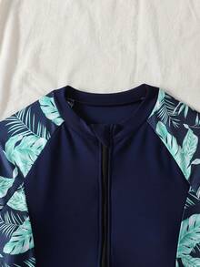 SHEIN Girls' Blue Tropical Plant Print Fitted Long Sleeve One-Piece Swimsuit, Casual Vacation, Suitable For Spring/Summer Travel, Beach Holiday, Navy Blue Swimwear - Navy Blue - View 5