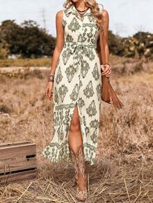 LanaWest Women's Vacation Western Casual Bohemian Style Printed Tie-Up Dress - Green - View 3