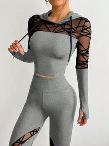 SHEIN Sports 女士抽绳连帽网眼拼接长袖上衣和高腰紧身打底裤休闲运动套装 - 灰色 - 查看 8