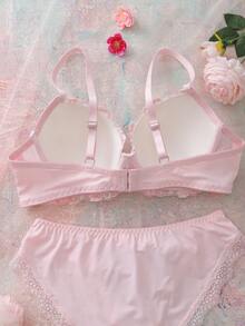 Conjunto de lencería con sujetador balconette acolchado con aros bordado con flores y babydoll lindo, fresco y romántico - Rosa - Ver 5