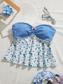 Swim Mod 女士甜美白色荷叶边花卉拼接格子印花可拆卸肩带抹胸泳衣上装，夏季 - 藍色 - 查看 1