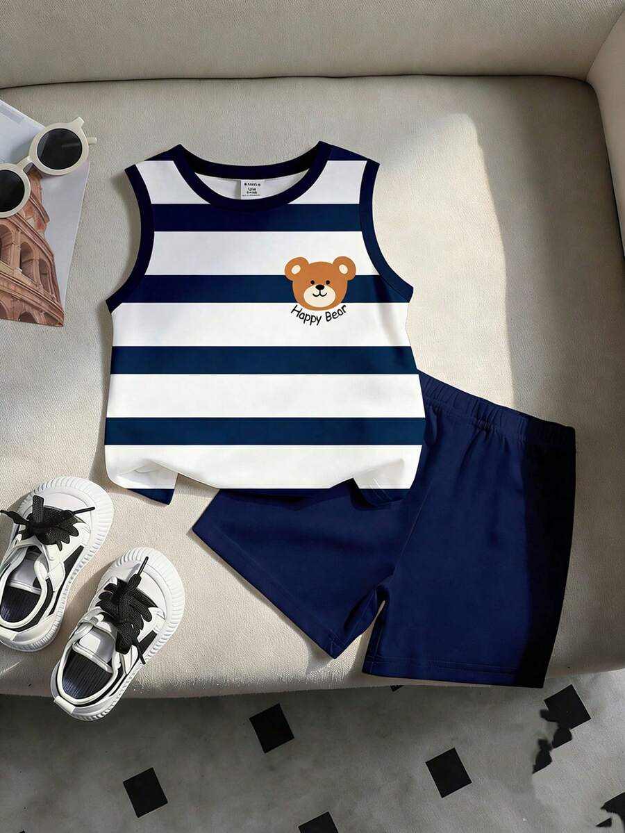 SHEIN Playful Pals 2件組男嬰休閒極簡時尚經典可愛熊色塊條紋印花舒適針織背心短褲套裝，適合春/夏、戶外穿著、返校、度假，韓系風格