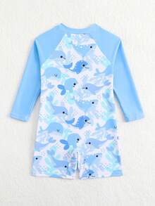 SHEIN 女童鲨鱼图案长袖连体泳衣，可爱又防晒，夏季款 - 淺藍色 - 查看 2