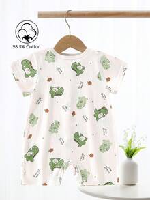 Baby Boy Summer Outfit, Lightweight Romper, Toddler Boy Dinosaur Print Short Sleeve Casual Romper, Vacation Style - Beige - View 2