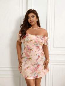 Femmeverse 新款优雅浪漫荷叶边露肩修身A字3D立体花卉雪纺迷你连衣裙 - 彩色 - 查看 4