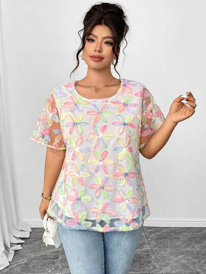 Elenzga Áo kiểu nữ cỡ lớn đính sequin hoa 3D lấp lánh, sang trọng, đa năng cho bữa trưa, tiệc tùng, đi làm.