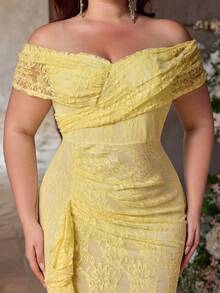 Glamrae Đầm dạ hội dáng đuôi cá màu vàng nhạt thanh lịch, lãng mạn, lệch vai, một tay áo, xếp ly, xẻ cao, chất liệu ren, thích hợp cho tiệc tối, tiệc độc thân, hẹn hò, dạ hội, kỳ nghỉ, đám cưới, phù dâu. - Màu vàng - Xem 3