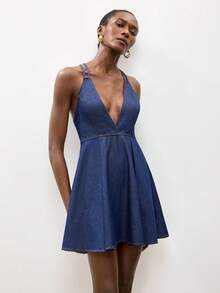 Maija Đầm denim nữ kiểu dáng thường ngày, cổ chữ V khoét sâu, hở lưng, thích hợp cho mùa hè. - Rửa trung bình - Xem 4