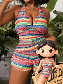 Slaydiva 大码女式两件套随机印花休闲泳衣套装 - 彩色 - 查看 1