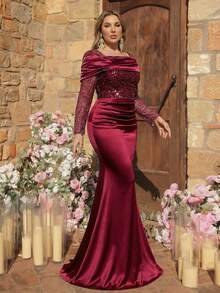 Glamrae Đầm cỡ lớn sang trọng, thanh lịch màu đỏ tía thêu sequin, chất liệu satin, cổ áo bất đối xứng, dáng ôm sát, chân váy đuôi cá với viền bèo nhún và đuôi dài, phù hợp cho bữa tối trang trọng, tiệc độc thân, hẹn hò, dạ hội, kỳ nghỉ, đám cưới. Đầm màu đỏ tía cho đám cưới. - Màu Đỏ Sâu - Xem 6