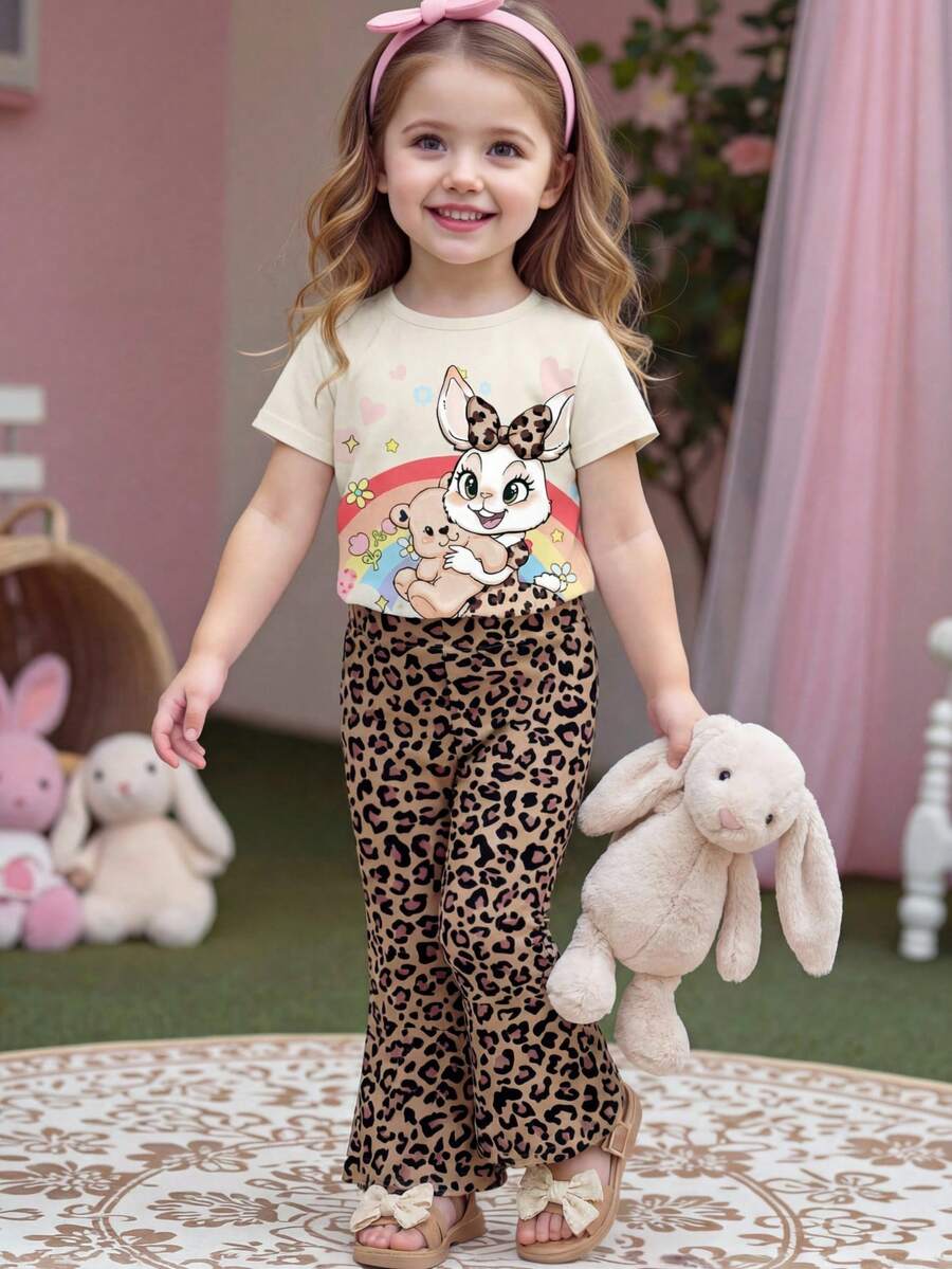 1 Set Baby Girls Lovely Rabbit Ear Leopard Print Heart Graphic Crew Neck Short Sleeve T-Shirt And Knitted Bell-Bottom Pants Cute Outfit - Multicolor - View 1