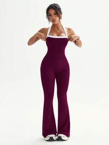 Dewbera Bộ đồ liền thân tập yoga ngoài trời dành cho nữ, áo hai dây hở lưng phối màu tương phản và quần ống loe ôm sát. - Màu đỏ tím - Xem 6