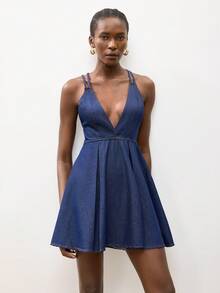 Maija Đầm denim nữ kiểu dáng thường ngày, cổ chữ V khoét sâu, hở lưng, thích hợp cho mùa hè. - Rửa trung bình - Xem 5