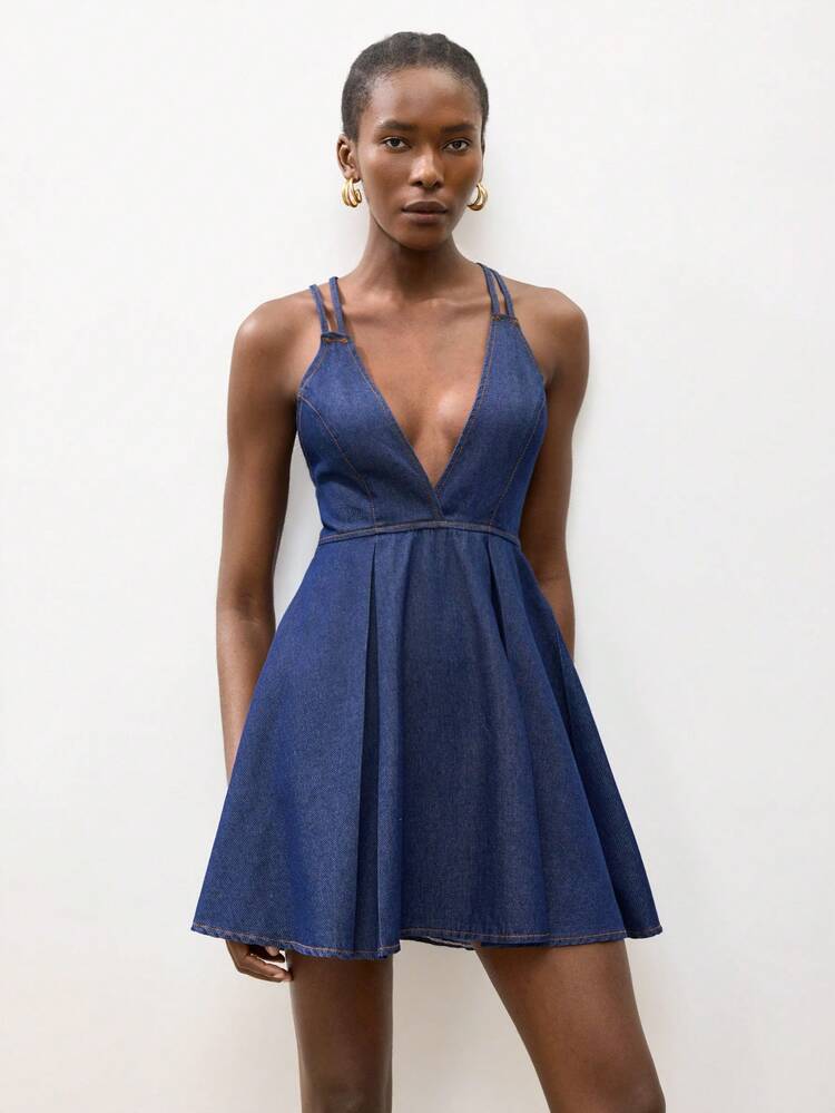 SHEIN Maija Robe en jean décontractée à col en V profond et dos nu pour femmes, été