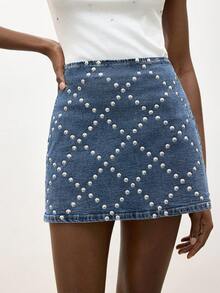 Maija Women's Casual Beaded Denim Mini Skirt, Summer - Medium Wash - View 1
